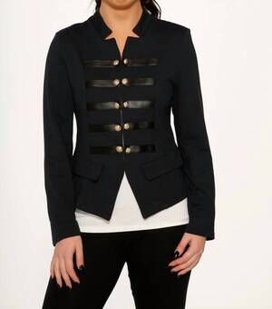 NEW ORCHID BLOOM faux-leather strap blazer jacket in navy